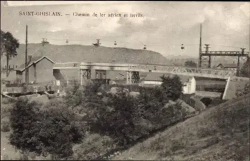 Ak Saint Ghislain Wallonien Hennegau, Chemin de fer aerien et terrils