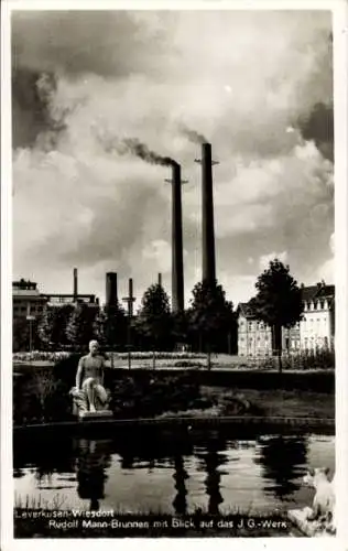 Ak Wiesdorf Leverkusen am Rhein, Rudolf Mann-Brunnen, I.G.-Werk