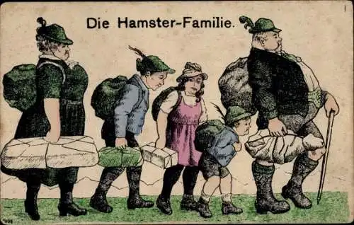 Ak Die Hamsterfamilie, Dicke Familie mit Hamsterpaketen, 1. WK