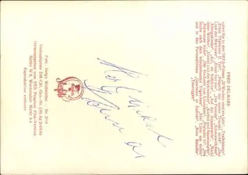 Ak Schauspieler Fred Delmare, Portrait, DEFA, Der Teufelskreis, Autogramm