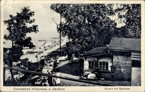 Ak Ostseebad Kölpinsee auf Usedom, Strand mit Seerose