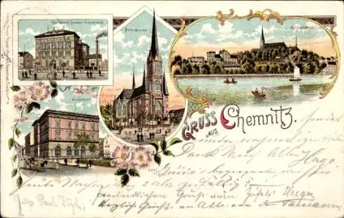 Litho Chemnitz Sachsen, Handelslehranstalt, Reichsbank, Petrikirche, Schlossteich