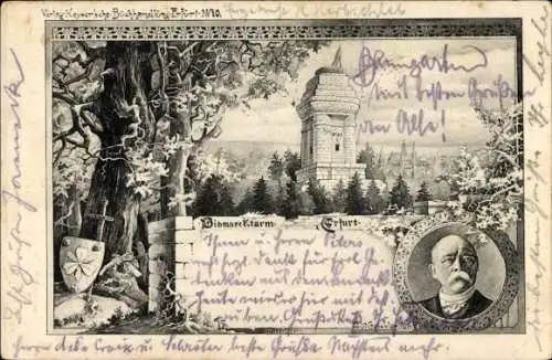 Künstler Ak Erfurt Thüringen, Bismarckturm, Portrait, Wappen, Stadtbild