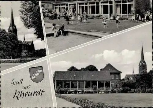 Ak Rheurdt am Niederrhein, Kirche, Spielplatz, Sandkasten, Wappen