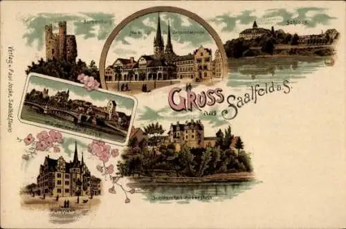 Litho Saalfeld an der Saale Thüringen, Schloss, Markt, Sorbenburg, Rathaus