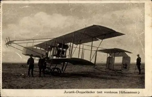 Ak Aviatik Doppeldecker, mit vorderem Höhensteuer, Nr 12, Flugpioniere, Biplan