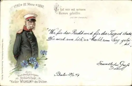 Litho Kaiser Wilhelm I. von Preußen, 100 jähriger Geburtstag