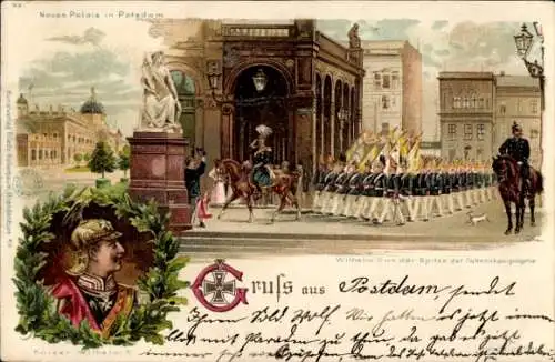 Litho Potsdam, Neues Palais, Kaiser Wilhelm II. an der Spitze der Fahnenkompanie