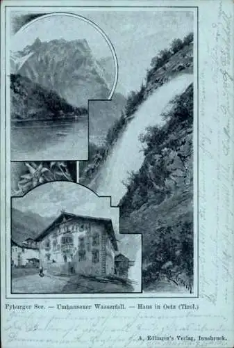 Künstler Ak Loesch, Oetz Ötz in Tirol, Haus in Oetz, Pyburger See, Umhausener Wasserfall