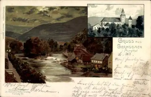 Litho Gernsbach im Murgtal Schwarzwald, Kirche, Teilansicht im Mondschein