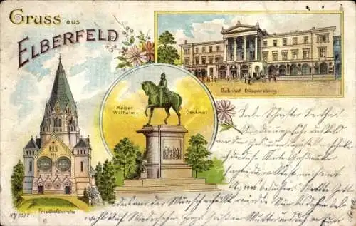 Litho Elberfeld Wuppertal, Bahnhof Döppersberg, Kaiser Wilhelm Denkmal, Friedhofskirche