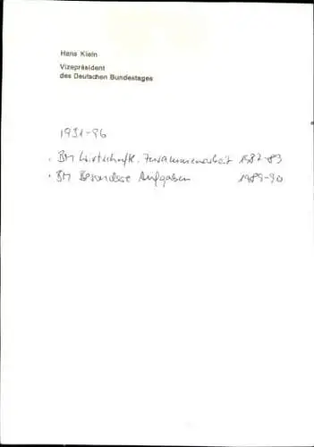 Foto Hans Klein, Vizepräsident des Deutschen Bundestages, Autogramm