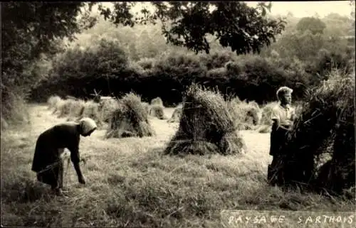 Foto Ak Sarthe, Bauern auf dem Feld, Heuhaufen