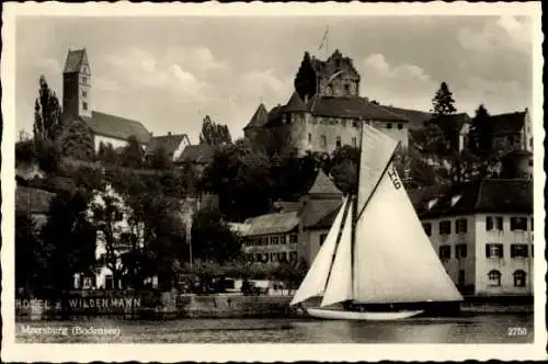 Ak Meersburg am Bodensee, Teilansicht, Segelboot, Hotel zum wilden Mann