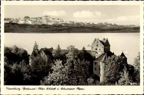 Ak Meersburg am Bodensee, altes Schloss, Schweizer Alpen