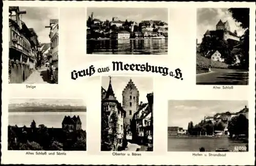 Ak Meersburg am Bodensee, altes Schloss, Säntis, Obertor, Bären, Hafen, Strandbad, Steige