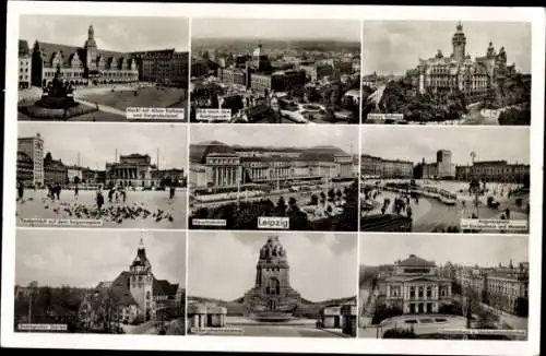 Ak Leipzig, Markt, altes Rathaus, Völkerschlachtsdenkmal, Straßenbahn, Hauptbahnhof, Augustusplatz