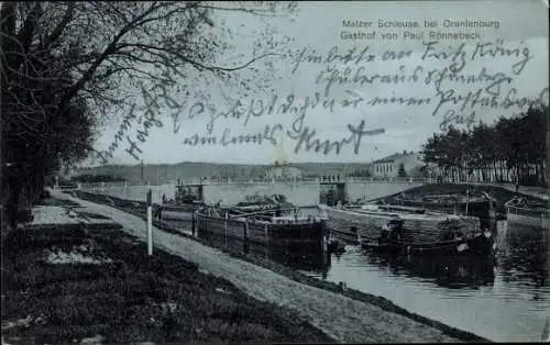 Ak Malz Oranienburg in Brandenburg, Malzer Schleuse, Gasthof Paul Rönnebeck