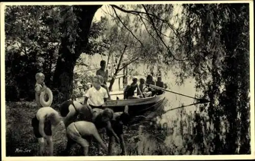 Ak Gaienhofen am Bodensee, Kinderheim Haus Finckh, Am See, Ruderboot