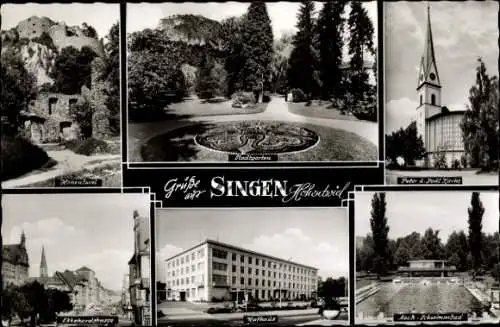 Ak Singen Hohentwiel Baden Württemberg, Stadtgarten, Peter u. Paul Kirche, Schwimmbad, Rathaus