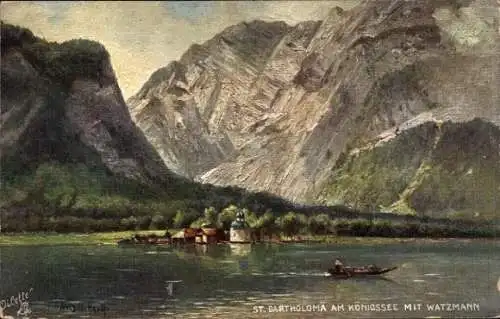 Künstler Ak Schuhrig, Carl, Schönau am Königssee Oberbayern, St. Bartholomä, Watzmann