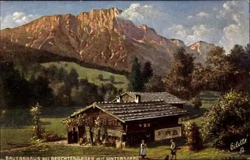 Künstler Ak Berchtesgaden in Oberbayern, Bauernhaus, Untersberg