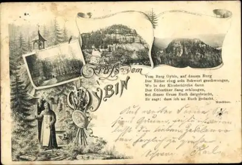 Ak Oybin in Sachsen, Kirchruine und Friedhof, Berg Oybin, Mönch läutet Glocke