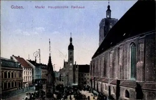 Ak Guben in der Niederlausitz, Marktplatz, Hauptkirche, Rathaus