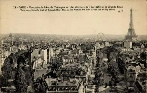 Ak Paris VII, La Tour Eiffel, Eiffelturm, Panorama, Vue prise de l'Arc de Triophe