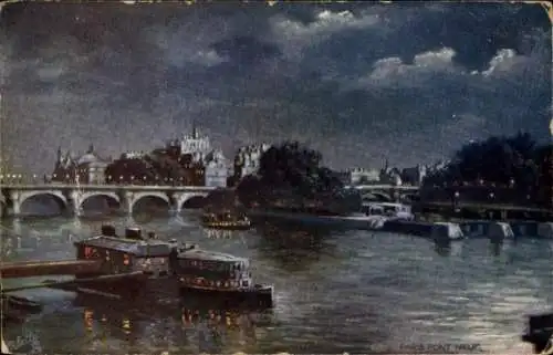 Künstler Ak Paris, Teilansicht der Stadt bei Nacht, Boote, Seine