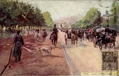 Künstler Ak Paris I Louvre, Avenue du Bois de Boulogne, Kutschen, Hund