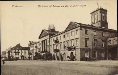 Ak Karlsruhe, Marktplatz, Rathaus, Karl Friedrich Straße