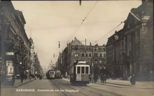 Ak Karlsruhe in Baden, Kaiserstraße bei der Hauptpost, Straßenbahnen, Litfaßsäule