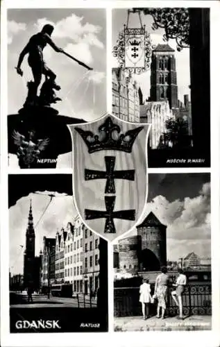 Foto Ak Danzig, Neptunbrunnen, Straßenpartie, Rathaus, Kirche, Wappen