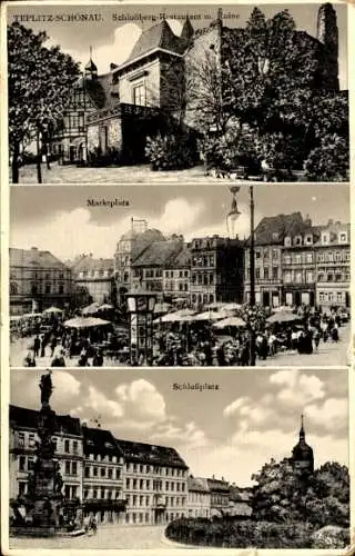 Ak Teplice Šanov Teplitz Schönau Region Aussig, Schlossberg-Restaurant, Ruine, Marktplatz