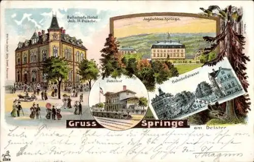 Litho Springe am Deister, Bahnhof, Bahnhofstraße, Jagdschloss, Bahnhofshotel