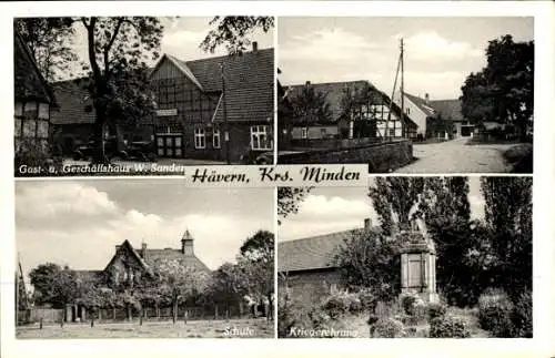 Ak Hävern Petershagen an der Weser, Gasthaus, Geschäftshaus W. Sander, Schule, Kriegerehrung