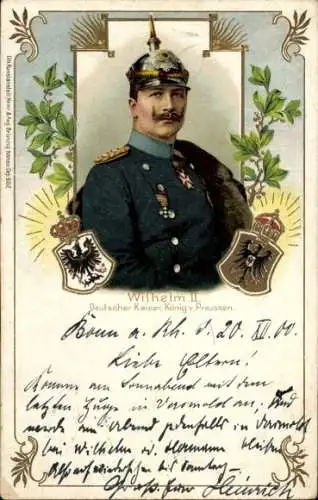 Präge Wappen Litho Kaiser Wilhelm II., Portrait