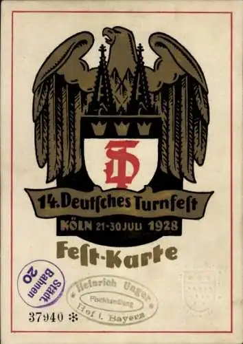 Ak Köln am Rhein, 14. Deutsches Turnfest 1928, Festkarte