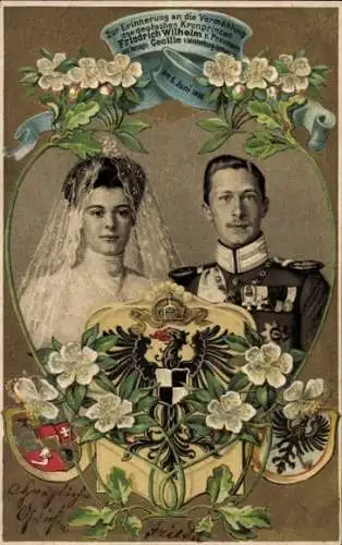 Präge Wappen Ak Kronprinz Wilhelm von Preußen, Kronprinzessin Cecilie, Hochzeit