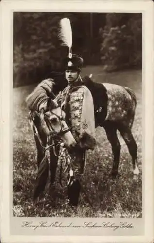 Ak Herzog Carl Eduard von Sachsen-Coburg-Gotha, Husarenuniform, Pferd, Portrait