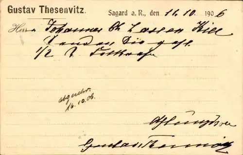 Ak Sagard auf Rügen, Brief von Gustav Thesenvitz