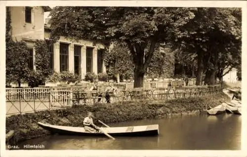 Ak Graz Steiermark, Frau in einem Ruderboot, Gasthaus, Hilmteich