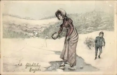 Ak Glückwunsch Neujahr, Frau überquert einen Fluss, Schnee, Winter