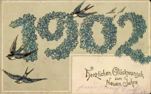 Präge Ak Glückwunsch Neujahr 1902, Schwalben, Vergissmeinnicht