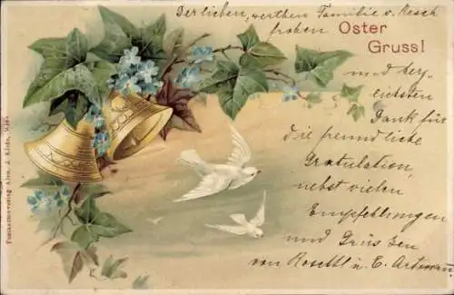 Litho Glückwunsch Ostern, Tauben, Glocken, Efeu, Vergissmeinnicht