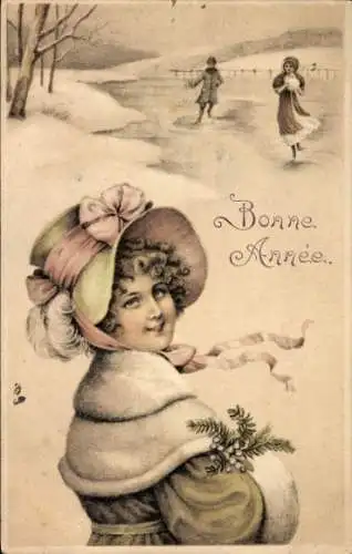 Ak Glückwunsch Neujahr, Frau mit Tannenzweige, Eislauf
