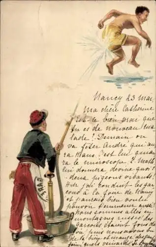 Litho Mann mit Wasser bespritzt, Schlauch, Feuerwehr
