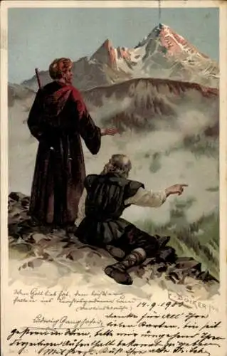 Künstler Litho Döcker, E., Geistliche, Wanderer, Bergspitzen