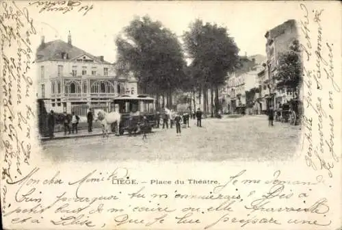 Ak Liège Lüttich Wallonien, Theaterplatz, Pferdetram